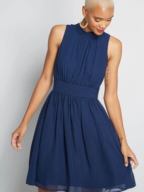 Ya Los Angeles Navy High-Neck Pleated Waist Mini Dress